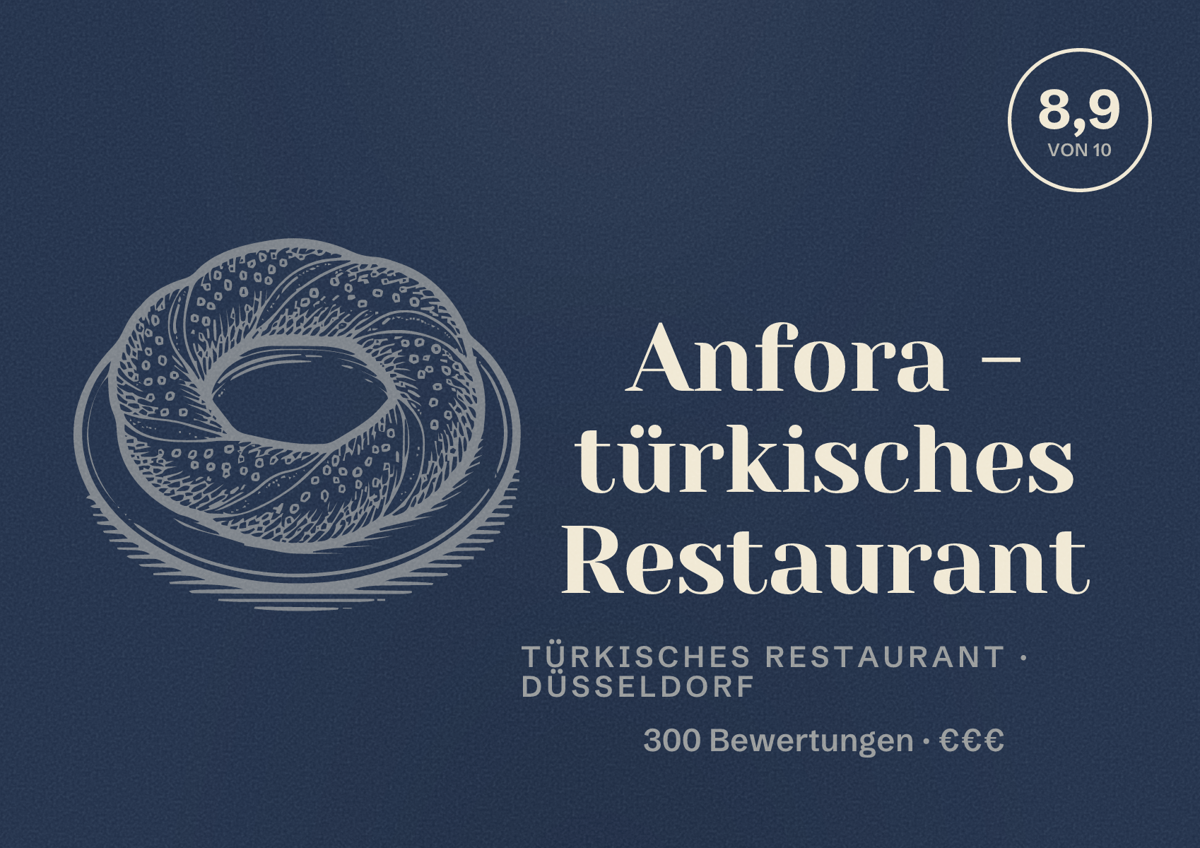Illustriertes Poster von Anfora - türkisches Restaurant, Türkisches Restaurant in Düsseldorf: Bewertung 8,9 von 10 aus 300 Bewertungen, Preisniveau €€€