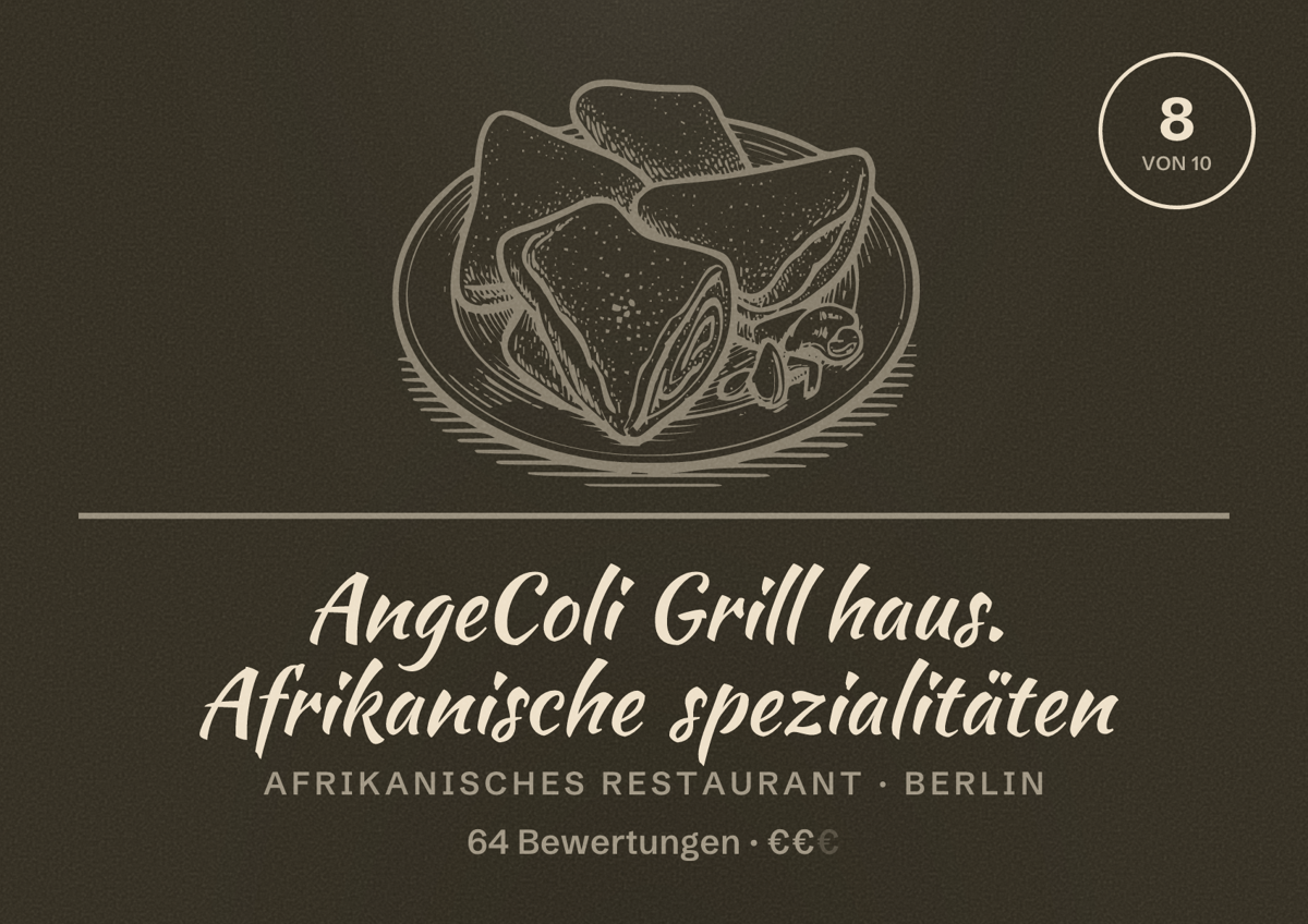 Illustriertes Poster von AngeColi Grill haus. Afrikanische spezialitäten, Afrikanisches Restaurant in Berlin: Bewertung 8,0 von 10 aus 64 Bewertungen, Preisniveau €€