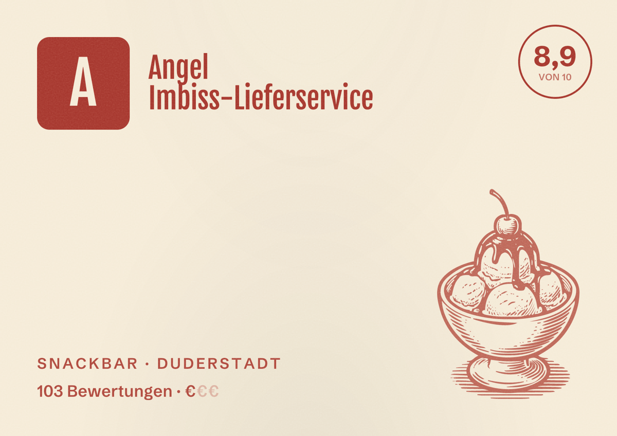Illustriertes Poster von Angel Imbiss-Lieferservice, Snackbar in Duderstadt: Bewertung 8,9 von 10 aus 103 Bewertungen, Preisniveau €