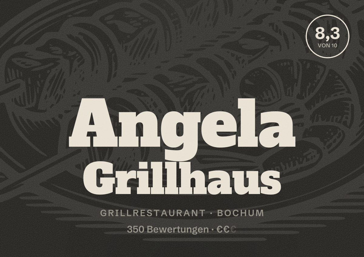 Illustriertes Poster von Angela Grillhaus, Grillrestaurant in Bochum: Gästebewertung 8,3 von 10 aus 350 Bewertungen