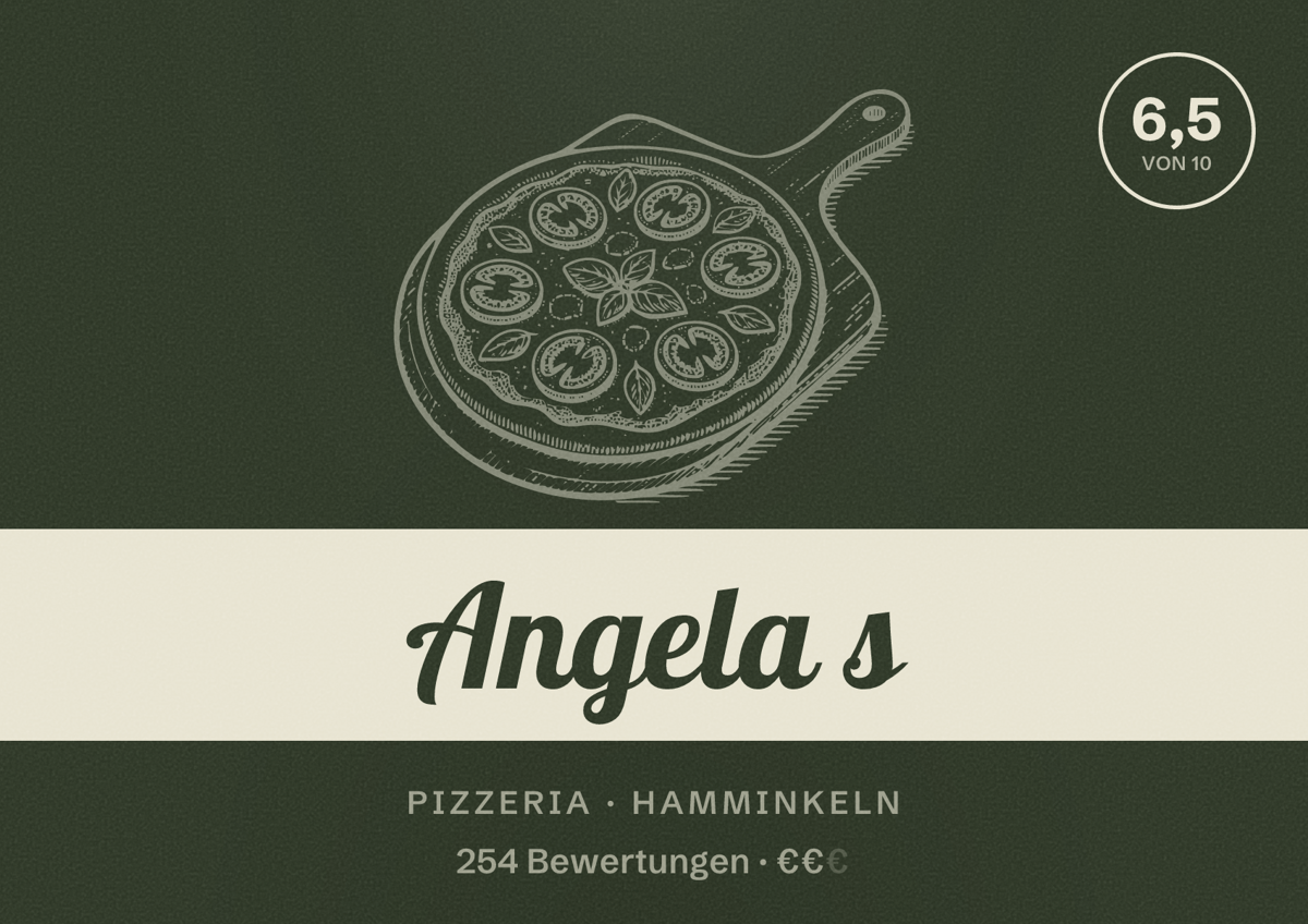 Illustriertes Poster von Angela s, Pizzeria in Hamminkeln: Bewertung 6,5 von 10 aus 254 Bewertungen, Preisniveau €€