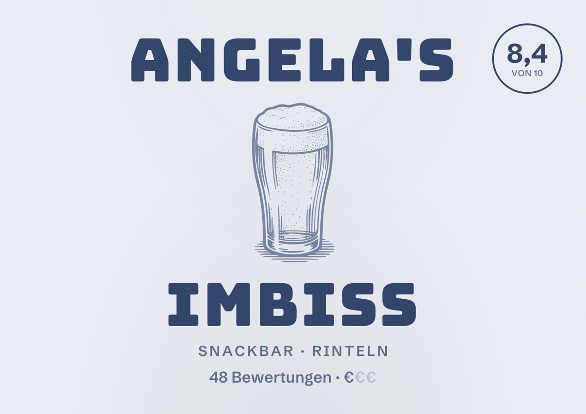 Illustriertes Poster von Angela's Imbiss, Snackbar in Rinteln: Bewertung 8,4 von 10 aus 48 Bewertungen, Preisniveau €