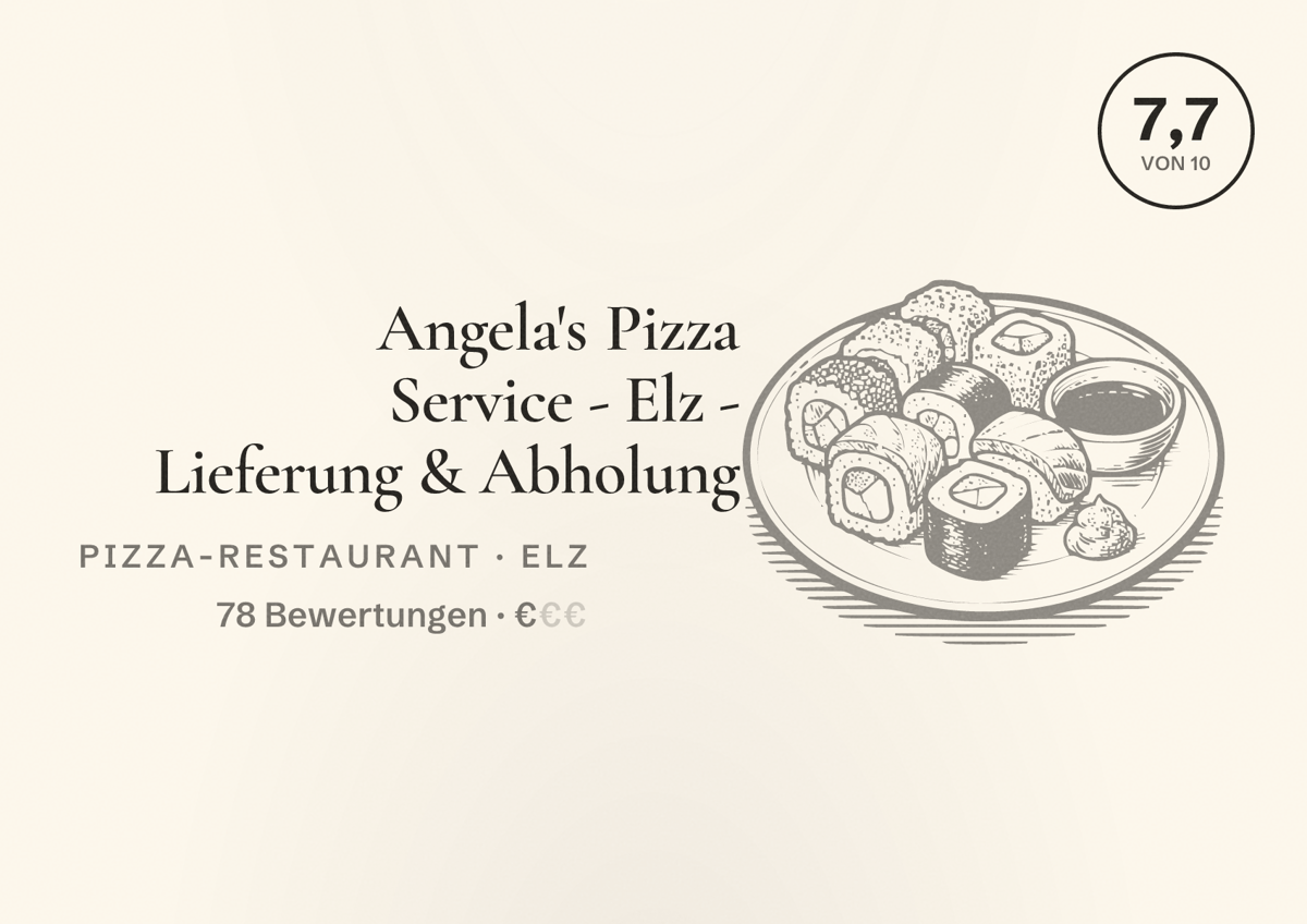 Illustriertes Poster von Angela's Pizza Service - Elz - Lieferung & Abholung, Pizza-Restaurant in Elz: Bewertung 7,7 von 10 aus 78 Bewertungen, Preisniveau €