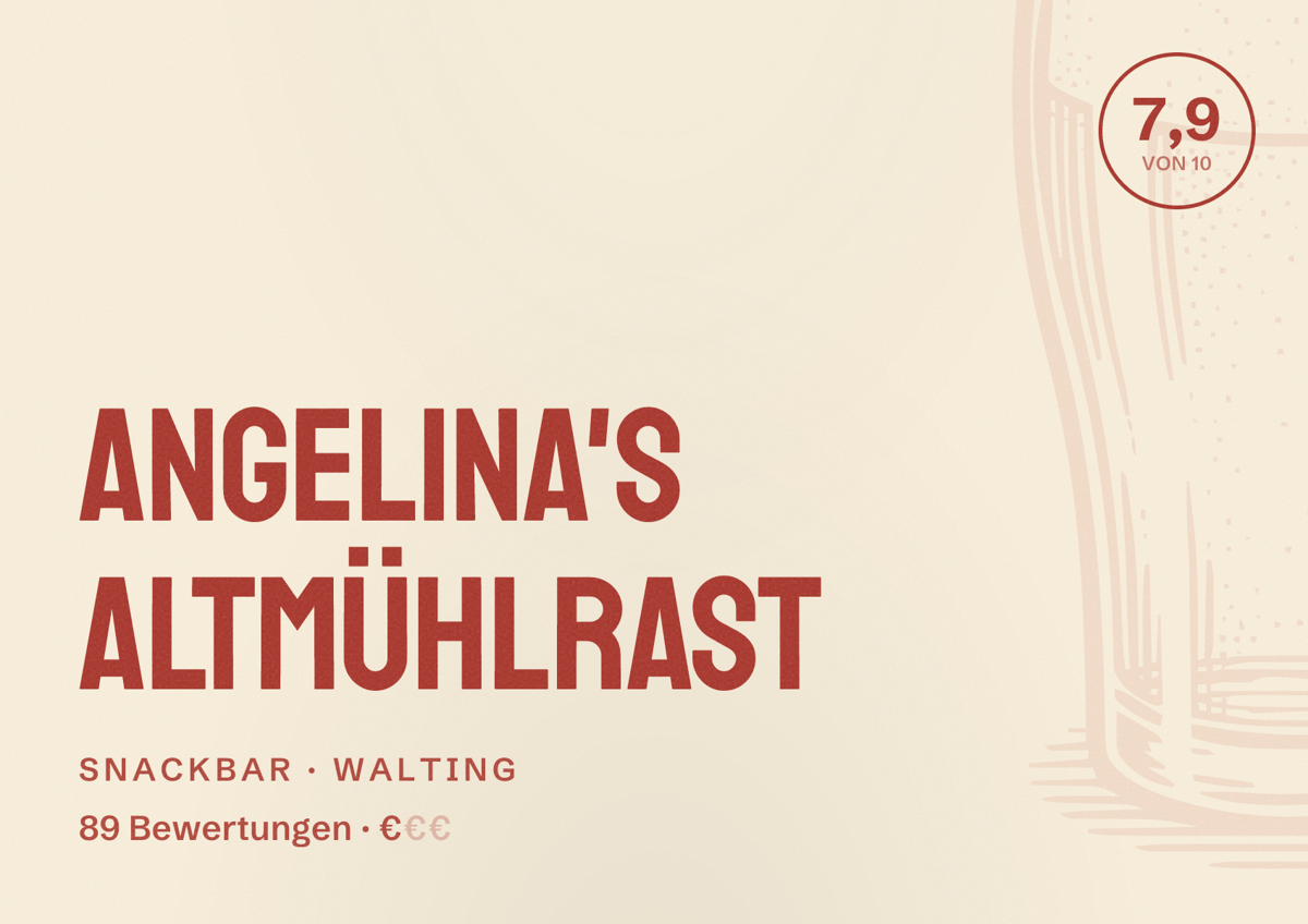 Illustriertes Poster von Angelina's Altmühlrast, Snackbar in Walting: Bewertung 7,9 von 10 aus 89 Bewertungen, Preisniveau €