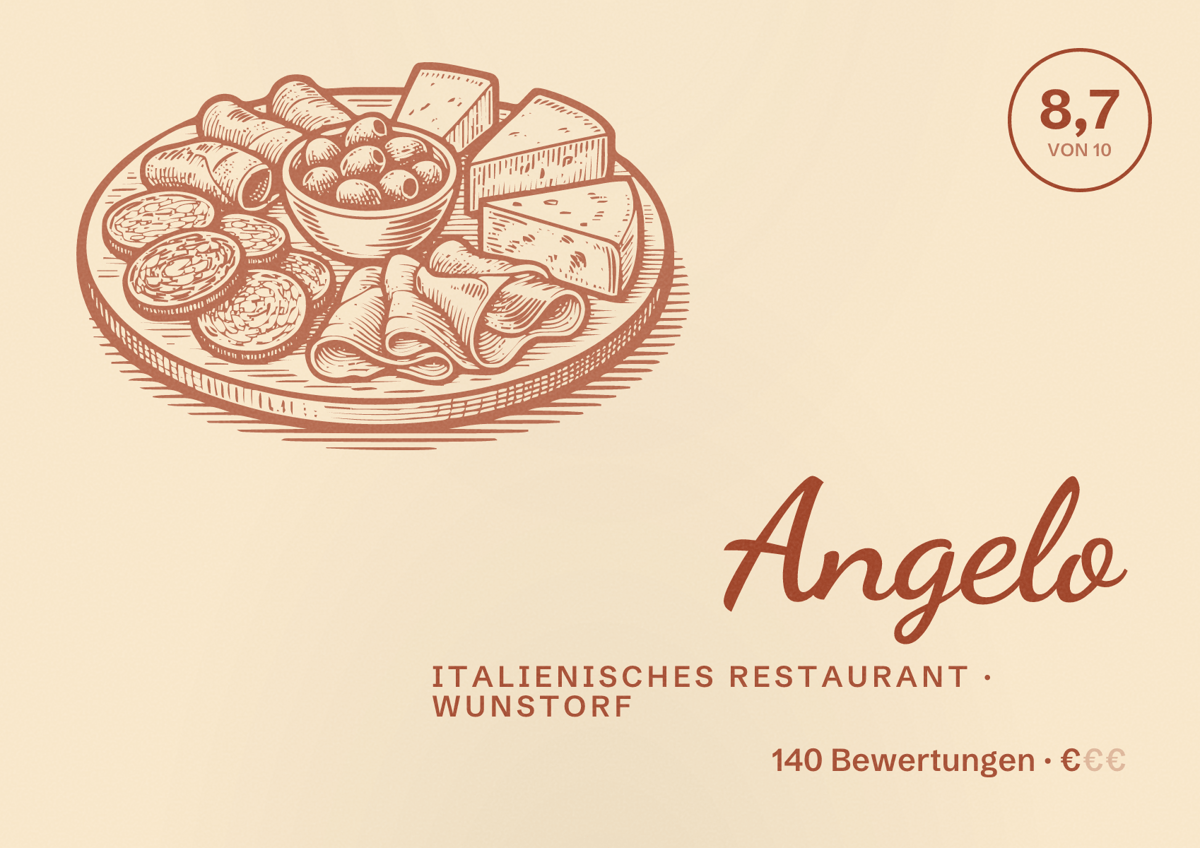 Illustriertes Poster von Angelo, Italienisches Restaurant in Wunstorf: Bewertung 8,7 von 10 aus 140 Bewertungen, Preisniveau €
