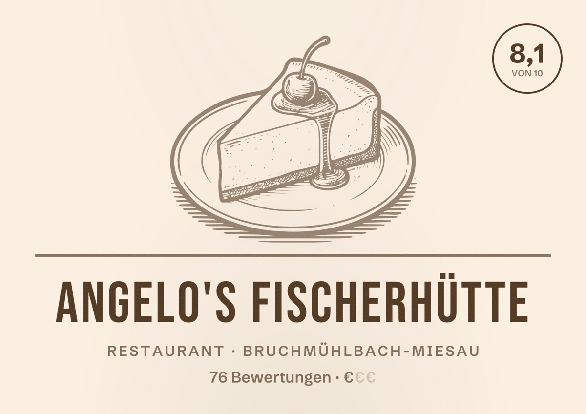 Illustriertes Poster von Angelo's Fischerhütte, Restaurant in Bruchmühlbach-Miesau: Bewertung 8,1 von 10 aus 76 Bewertungen, Preisniveau €