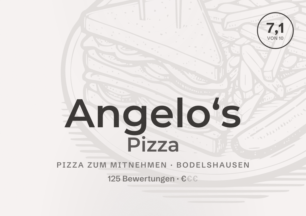 Illustriertes Poster von Angelo‘s Pizza, Pizza zum Mitnehmen in Bodelshausen: Bewertung 7,1 von 10 aus 125 Bewertungen, Preisniveau €