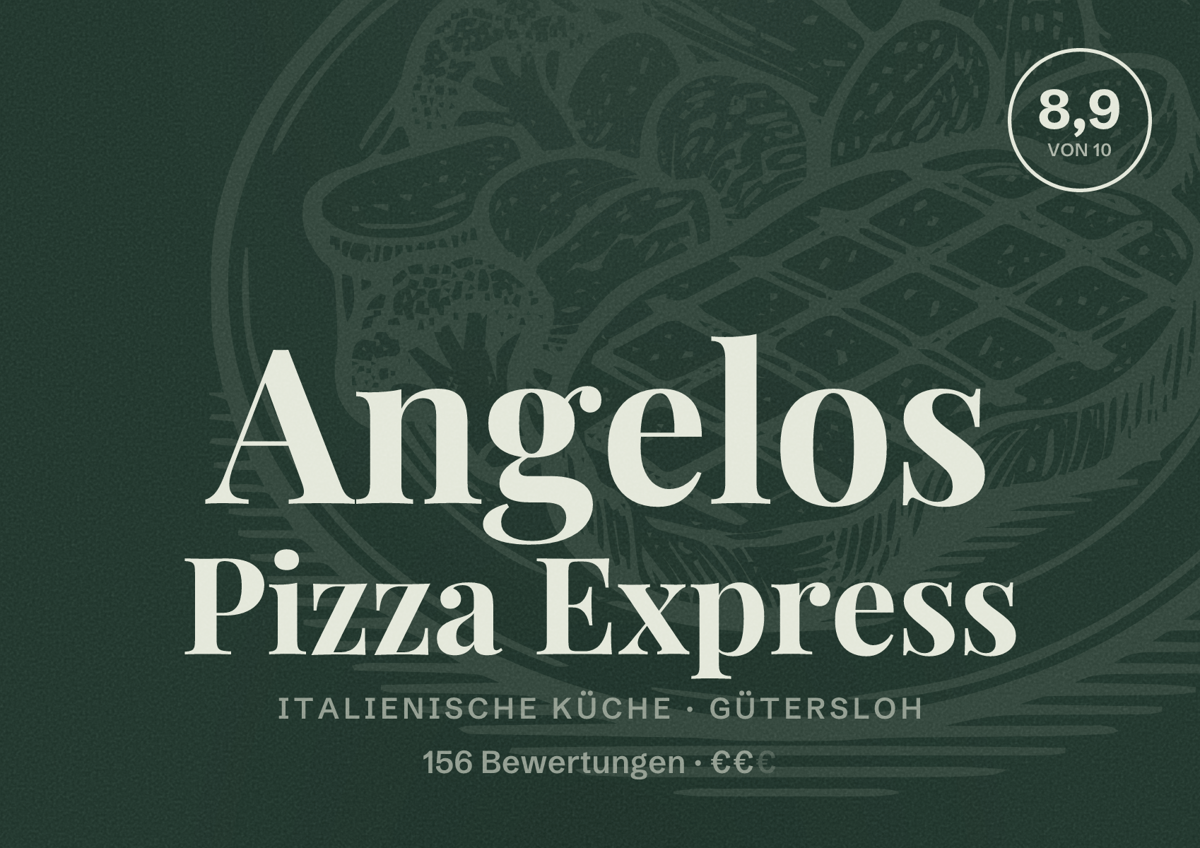 Illustriertes Poster von Angelos Pizza Express, Italienische Küche in Gütersloh: Bewertung 8,9 von 10 aus 156 Bewertungen, Preisniveau €€