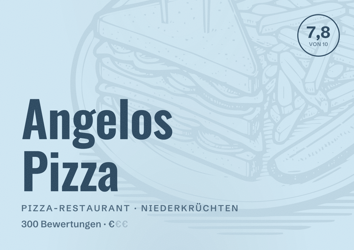 Illustriertes Poster von Angelos Pizza, Pizza-Restaurant in Niederkrüchten: Bewertung 7,8 von 10 aus 300 Bewertungen, Preisniveau €