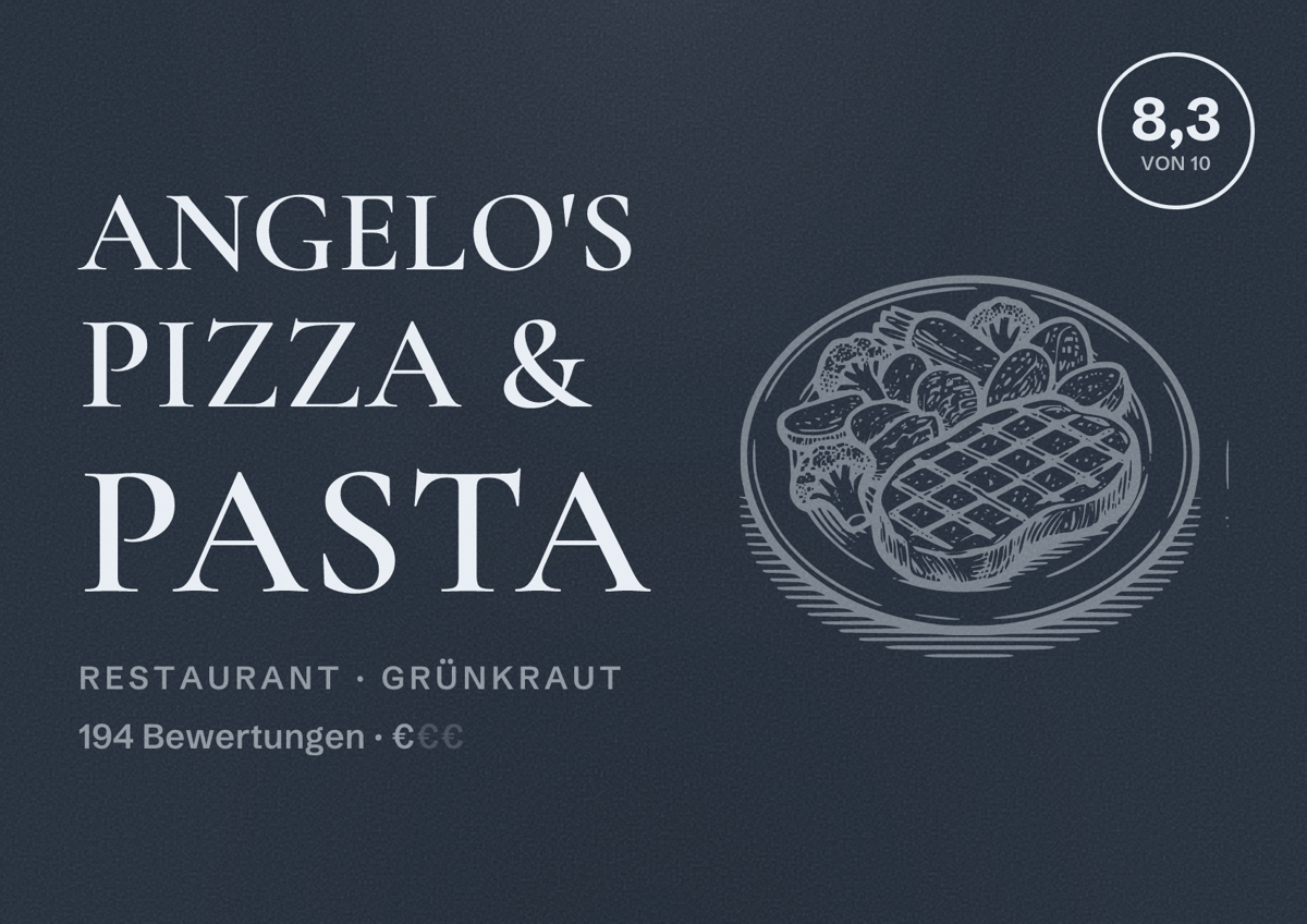 Illustriertes Poster von Angelo's Pizza & Pasta, Restaurant in Grünkraut: Bewertung 8,3 von 10 aus 194 Bewertungen, Preisniveau €