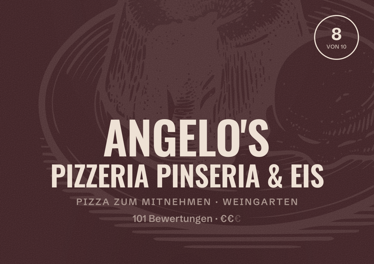 Illustriertes Poster von ANGELO'S PIZZERIA PINSERIA & EIS, Pizza zum Mitnehmen in Weingarten: Bewertung 8 von 10 aus 101 Bewertungen, Preisniveau €€