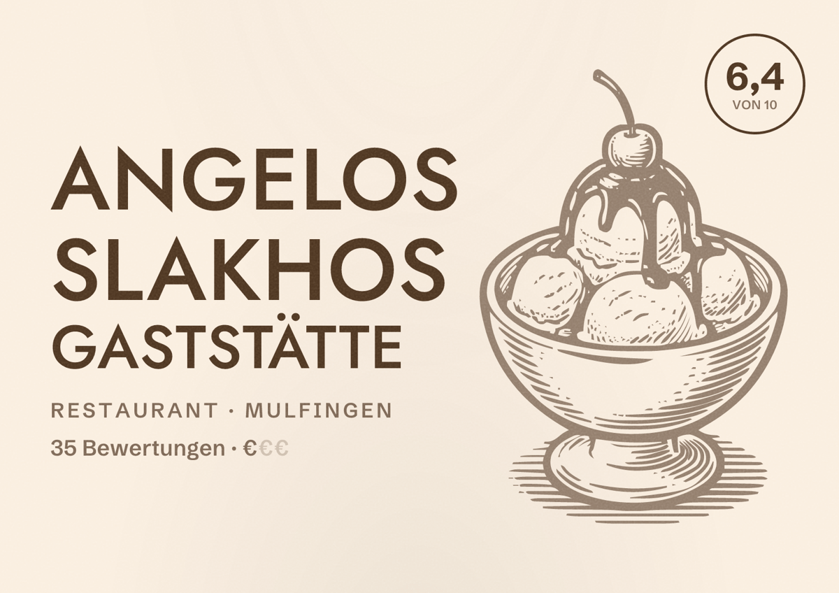 Illustriertes Poster von Angelos Slakhos Gaststätte, Restaurant in Mulfingen: Bewertung 6,4 von 10 aus 35 Bewertungen, Preisniveau €