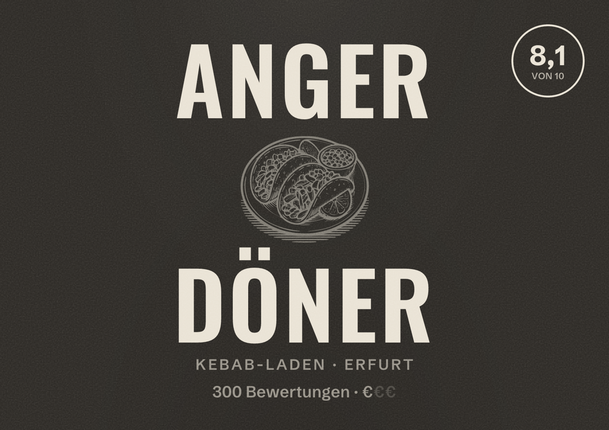 Illustriertes Poster von Anger Döner, Kebab-Laden in Erfurt: Bewertung 8,1 von 10 aus 300 Bewertungen, Preisniveau €