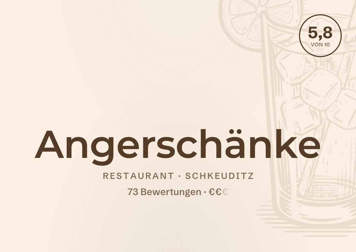 Illustriertes Poster von Angerschänke, Restaurant in Schkeuditz: Bewertung 5,8 von 10 aus 73 Bewertungen, Preisniveau €€