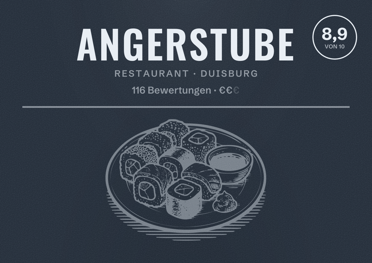 Illustriertes Poster von Angerstube, Restaurant in Duisburg: Bewertung 8,9 von 10 aus 116 Bewertungen, Preisniveau €€