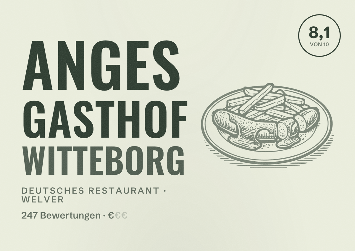 Illustriertes Poster von Anges Gasthof Witteborg, Deutsches Restaurant in Welver: Bewertung 8,1 von 10 aus 247 Bewertungen, Preisniveau €