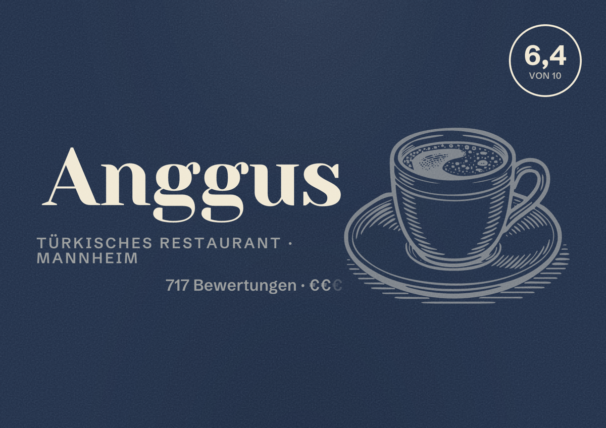 Illustriertes Poster von Anggus, Türkisches Restaurant in Mannheim: Bewertung 6,4 von 10 aus 717 Bewertungen, Preisniveau €€