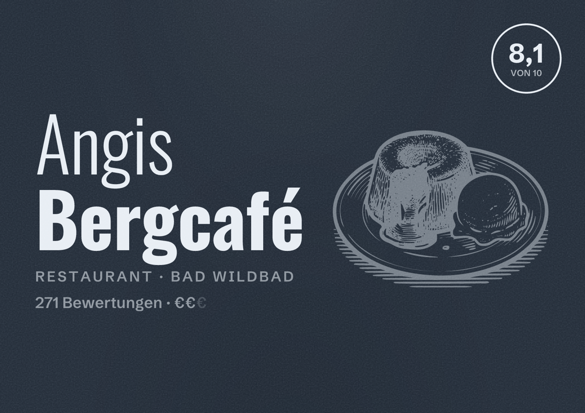 Illustriertes Poster von Angis Bergcafé, Restaurant in Bad Wildbad: Bewertung 8,1 von 10 aus 271 Bewertungen, Preisniveau €€