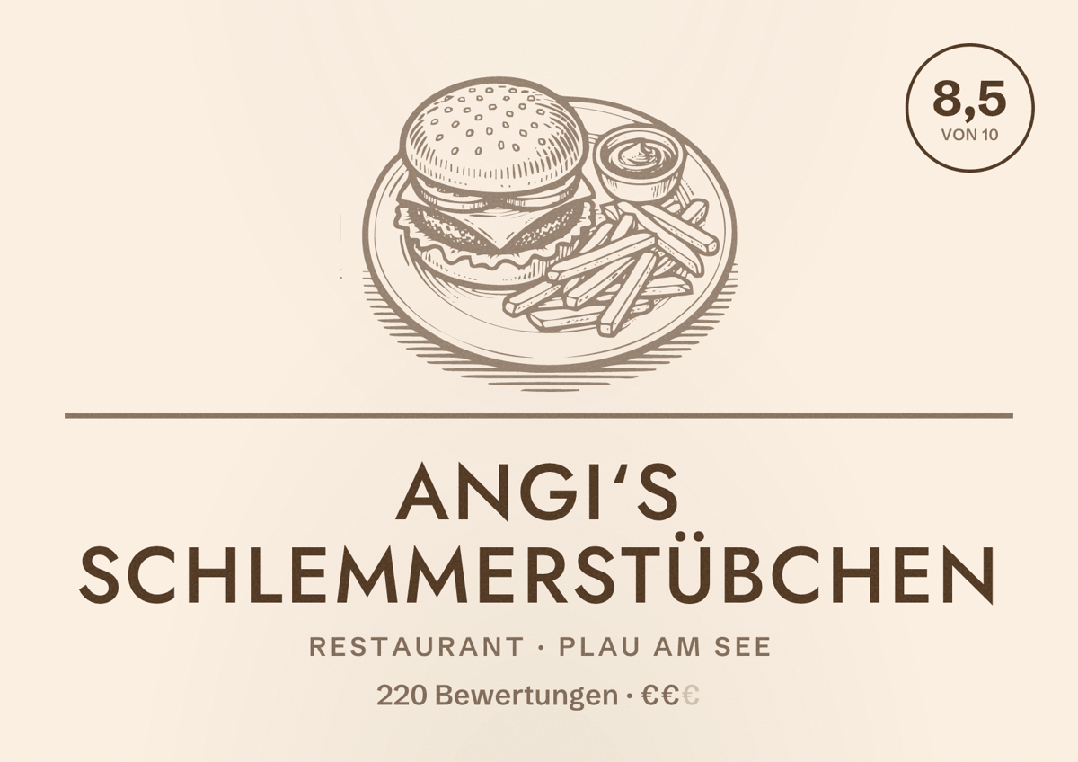 Illustriertes Poster von Angi‘s Schlemmerstübchen, Restaurant in Plau am See: Bewertung 8,5 von 10 aus 220 Bewertungen, Preisniveau €€
