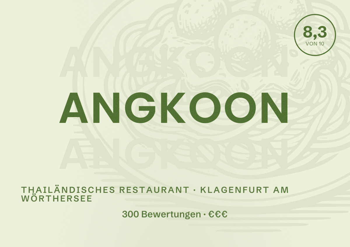 Illustriertes Poster von Angkoon, Thailändisches Restaurant in Klagenfurt am Wörthersee: Bewertung 8,3 von 10 aus 300 Bewertungen, Preisniveau €€€
