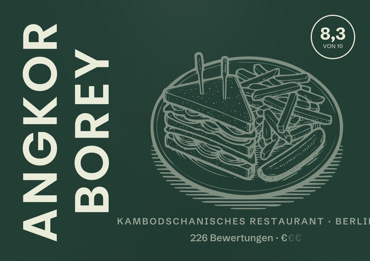 Illustriertes Poster von Angkor Borey, Kambodschanisches Restaurant in Berlin: Bewertung 8,3 von 10 aus 226 Bewertungen, Preisniveau €