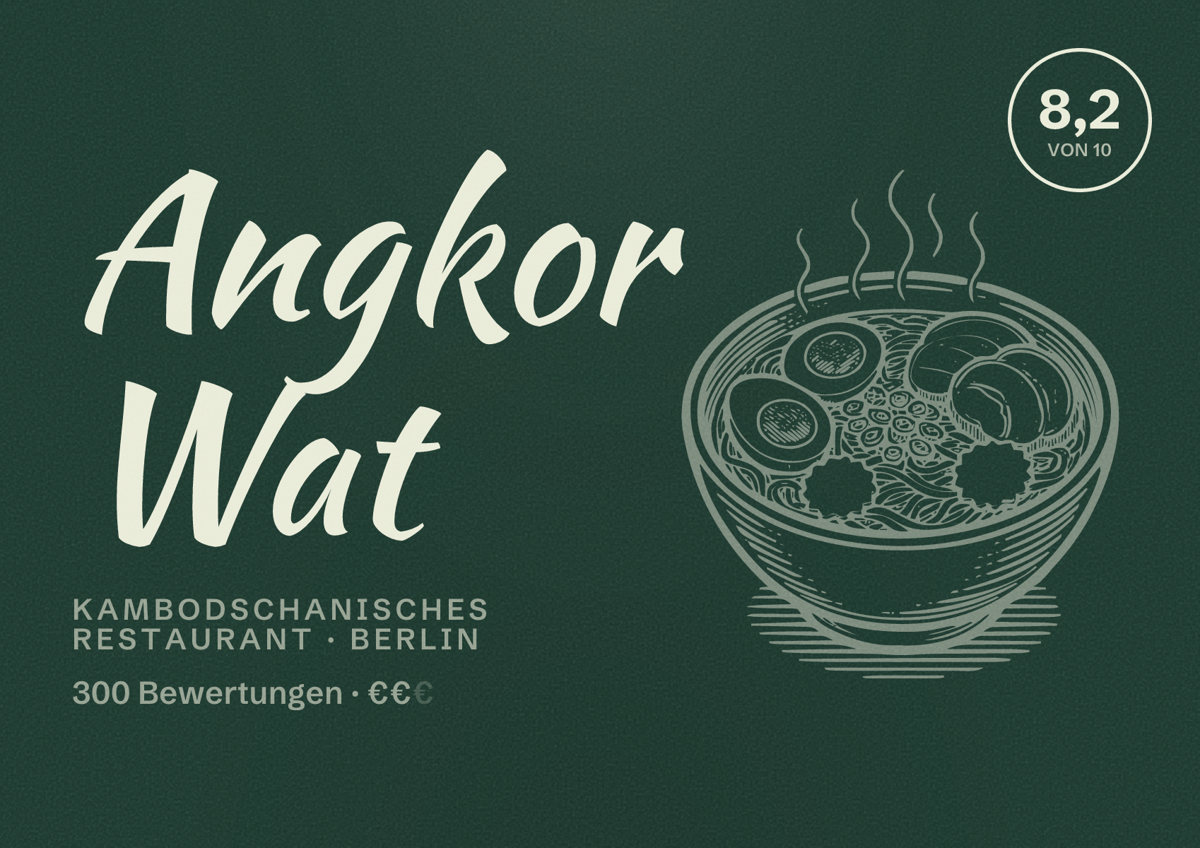 Illustriertes Poster von Angkor Wat, Kambodschanisches Restaurant in Berlin: Bewertung 8,2 von 10 aus 300 Bewertungen, Preisniveau €€