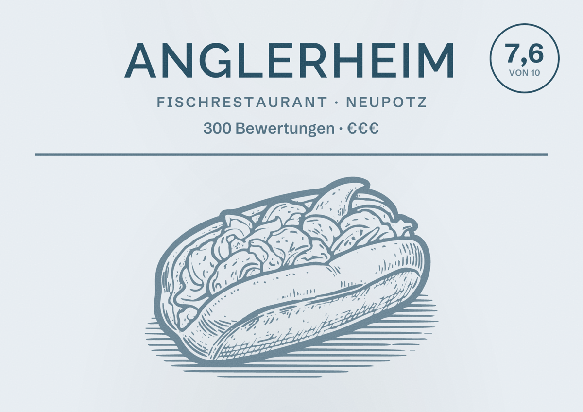 Illustriertes Poster von Anglerheim, Fischrestaurant in Neupotz: Bewertung 7,6 von 10 aus 300 Bewertungen, Preisniveau €€€