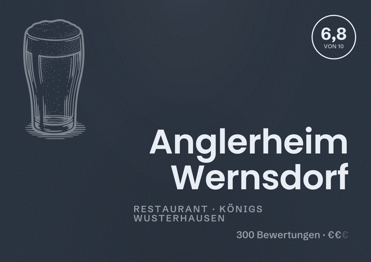 Illustriertes Poster von Anglerheim Wernsdorf, Restaurant in Königs Wusterhausen: Bewertung 6,8 von 10 aus 300 Bewertungen, Preisniveau €€