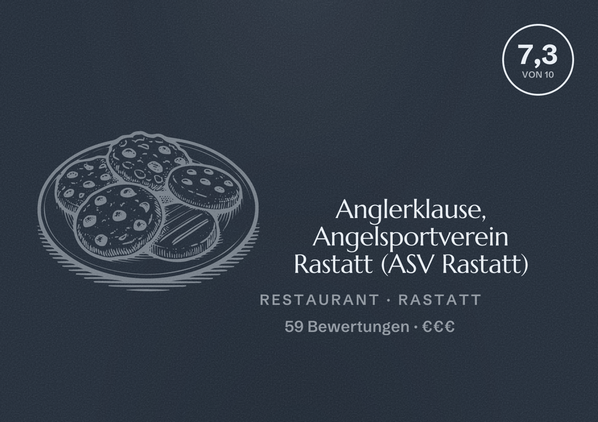 Illustriertes Poster von Anglerklause, Angelsportverein Rastatt (ASV Rastatt), Restaurant in Rastatt: Bewertung 7,3 von 10 aus 59 Bewertungen, Preisniveau €€€