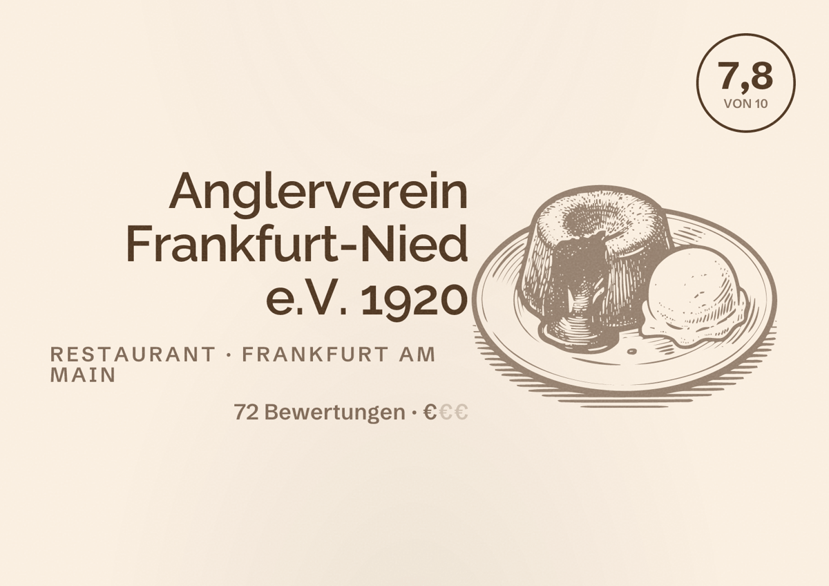 Illustriertes Poster von Anglerverein Frankfurt-Nied e.V. 1920, Restaurant in Frankfurt am Main: Bewertung 7,8 von 10 aus 72 Bewertungen, Preisniveau €