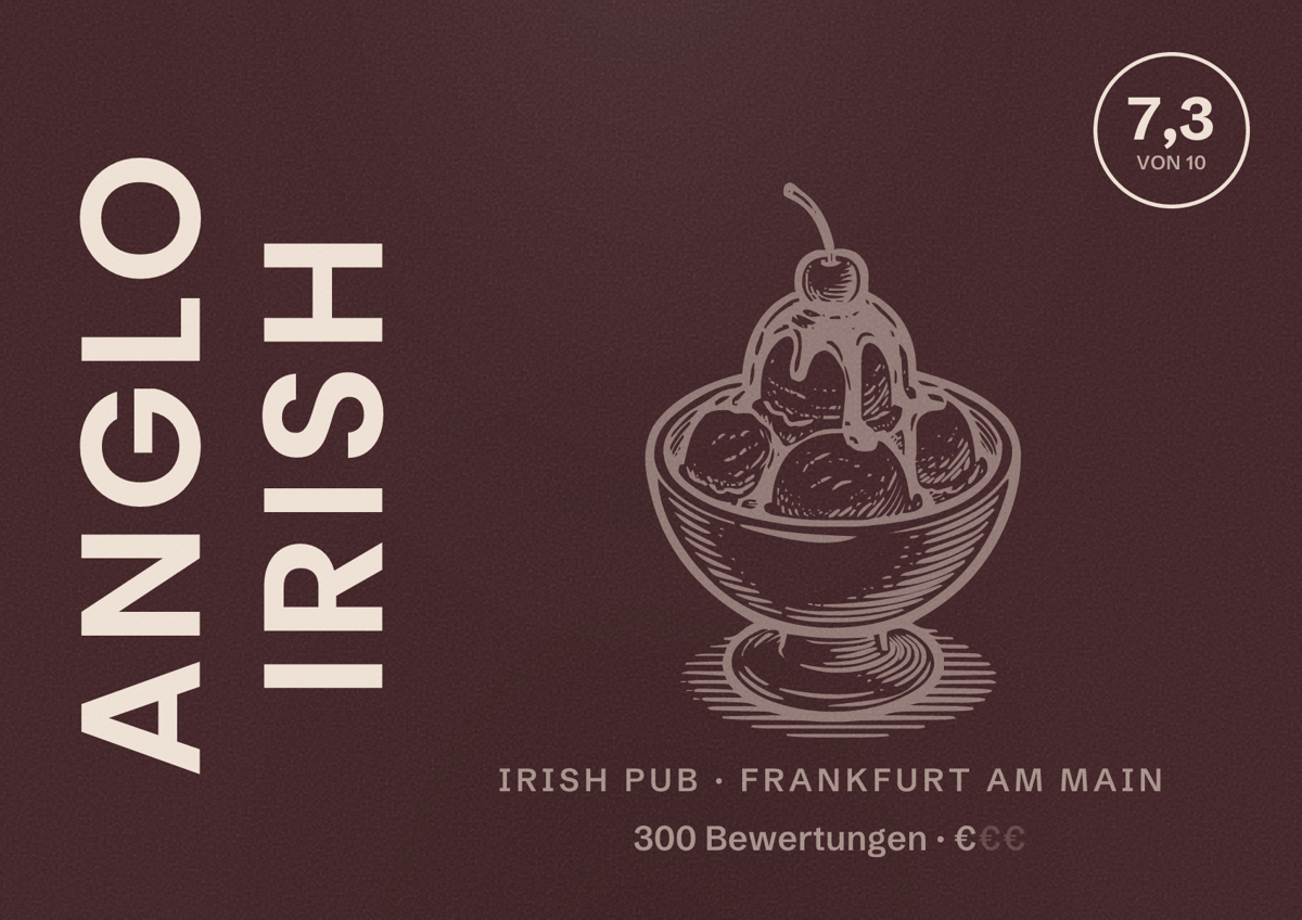 Illustriertes Poster von Anglo Irish, Irish Pub in Frankfurt am Main: Bewertung 7,3 von 10 aus 300 Bewertungen, Preisniveau €