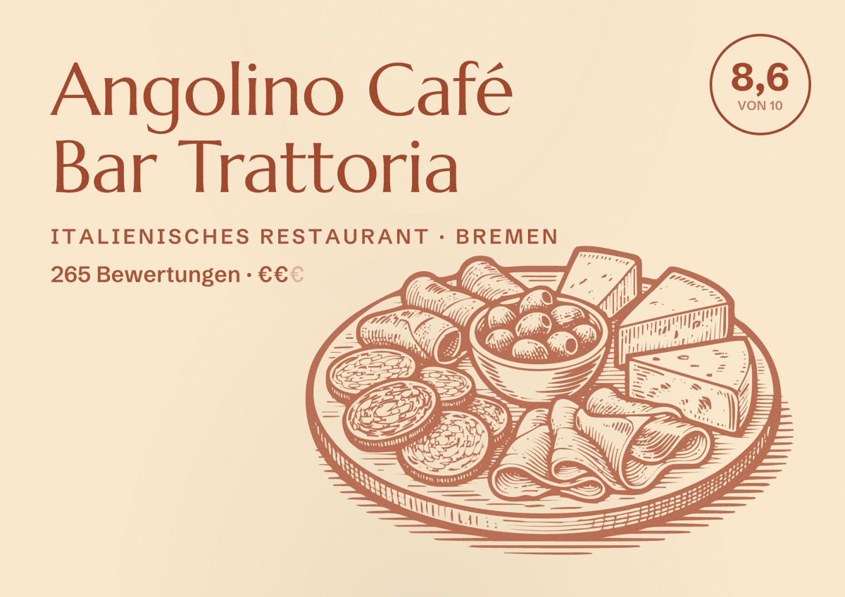 Illustriertes Poster von Angolino Café Bar Trattoria, Italienisches Restaurant in Bremen: Bewertung 8,6 von 10 aus 265 Bewertungen, Preisniveau €€