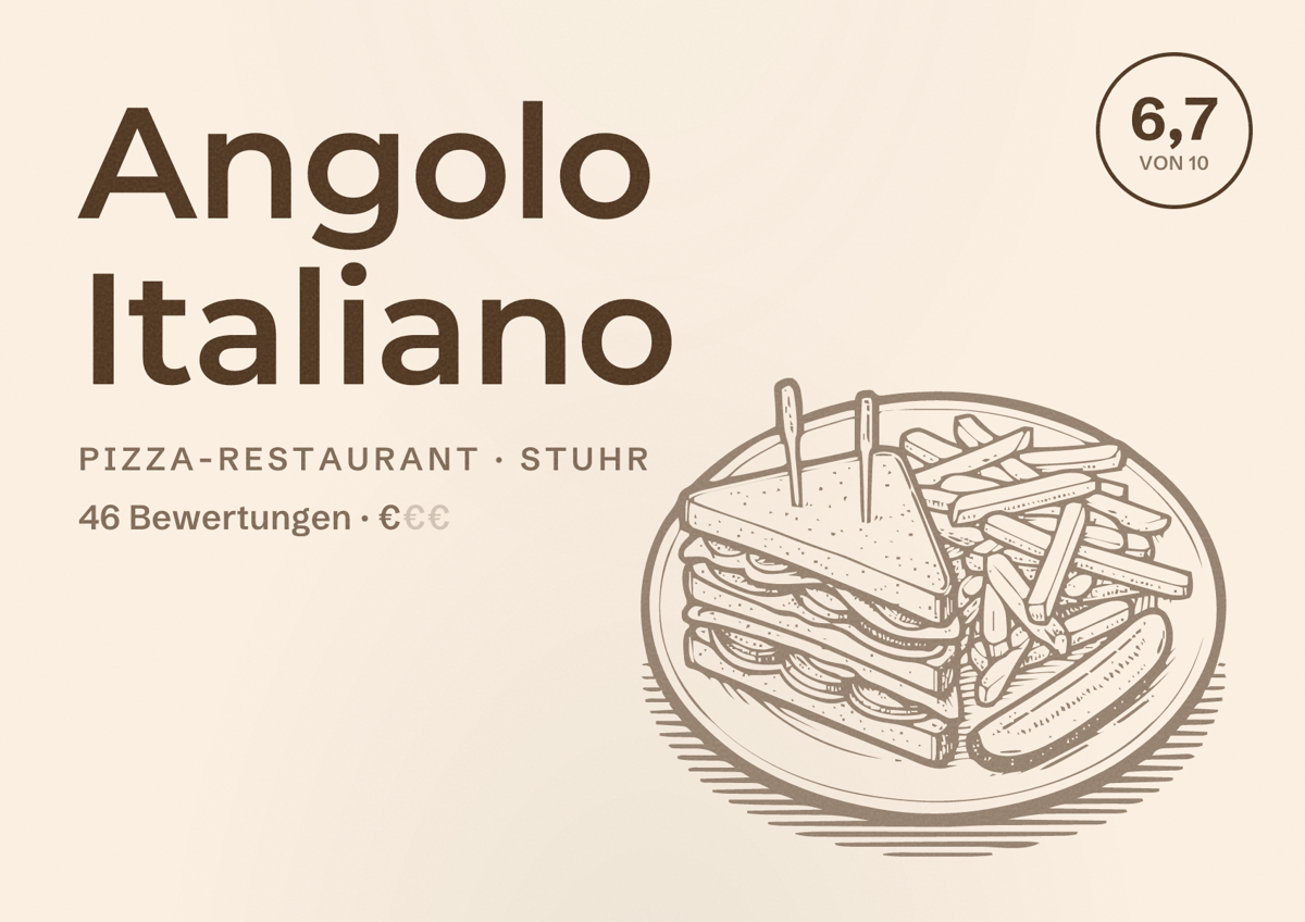 Illustriertes Poster von Angolo Italiano, Pizza-Restaurant in Stuhr: Bewertung 6,7 von 10 aus 46 Bewertungen, Preisniveau €