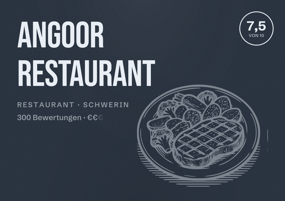 Illustriertes Poster von Angoor Restaurant, Restaurant in Schwerin: Bewertung 7,5 von 10 aus 300 Bewertungen, Preisniveau €€