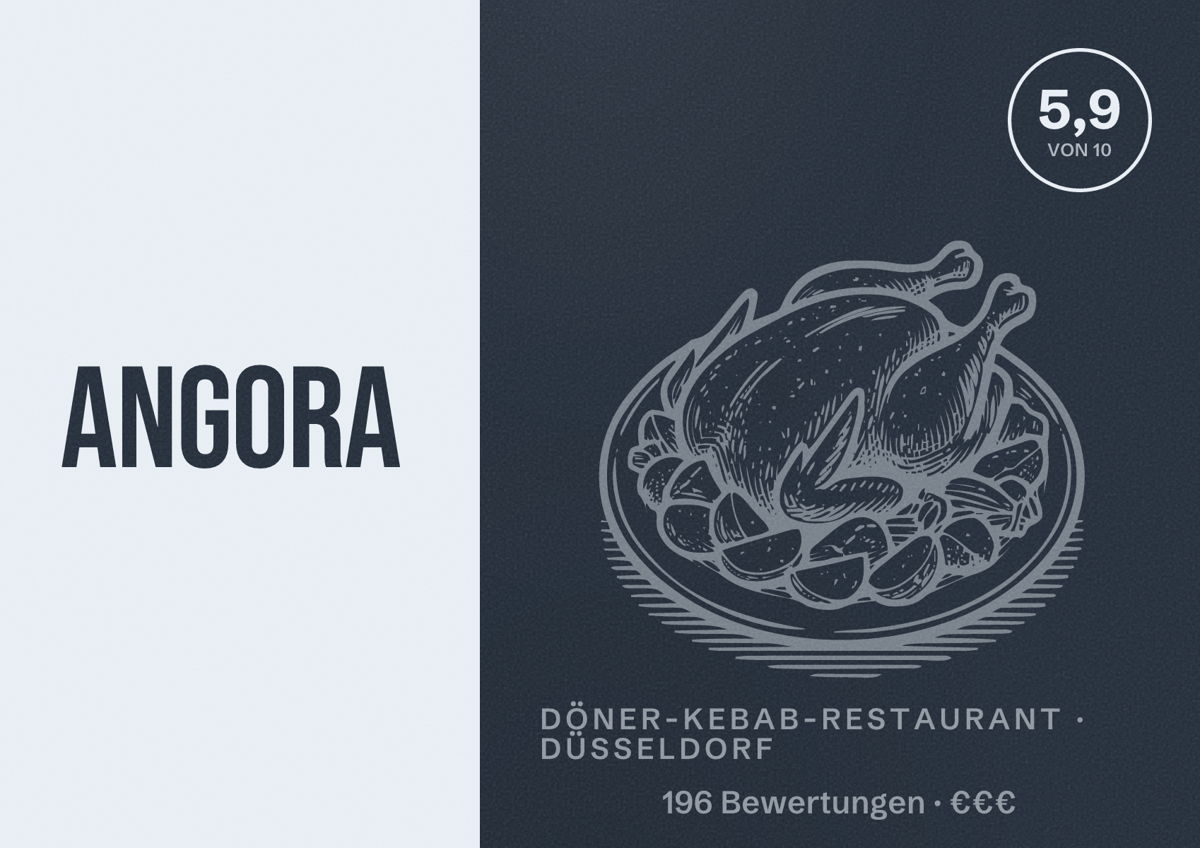 Illustriertes Poster von ANGORA, Döner-Kebab-Restaurant in Düsseldorf: Bewertung 5,9 von 10 aus 196 Bewertungen, Preisniveau €€€