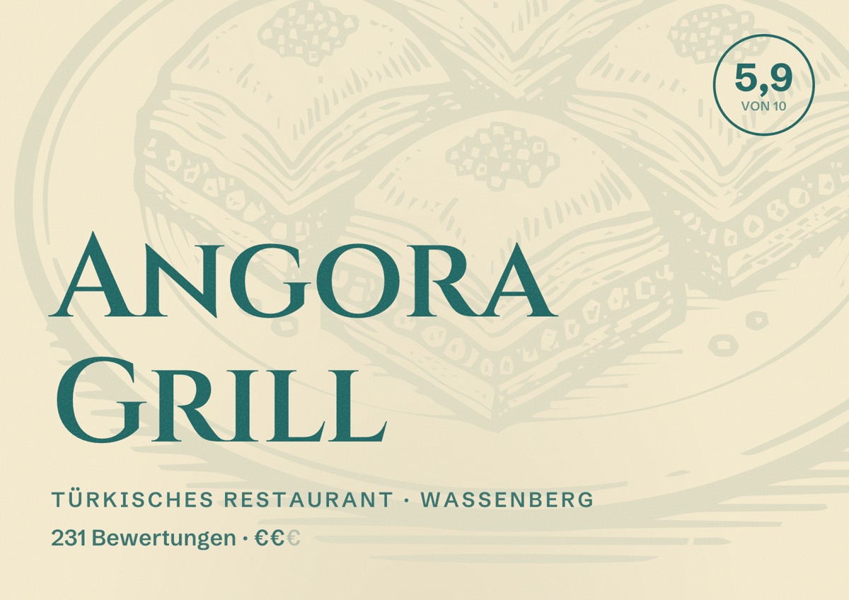 Illustriertes Poster von Angora Grill, Türkisches Restaurant in Wassenberg: Bewertung 5,9 von 10 aus 231 Bewertungen, Preisniveau €€