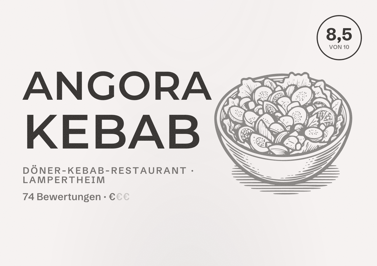 Illustriertes Poster von Angora Kebab, Döner-Kebab-Restaurant in Lampertheim: Bewertung 8,5 von 10 aus 74 Bewertungen, Preisniveau €