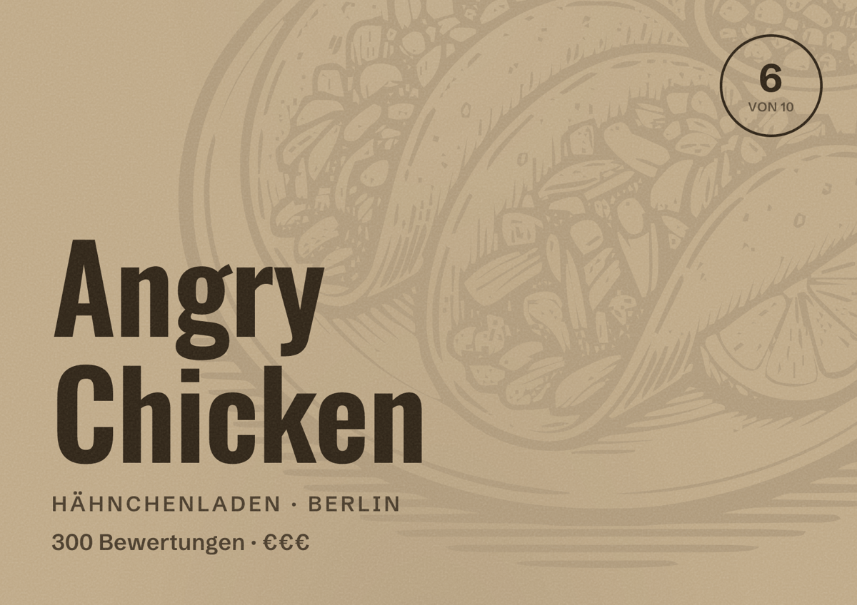 Illustriertes Poster von Angry Chicken, Hähnchenladen in Berlin: Bewertung 6,0 von 10 aus 300 Bewertungen, Preisniveau €€€
