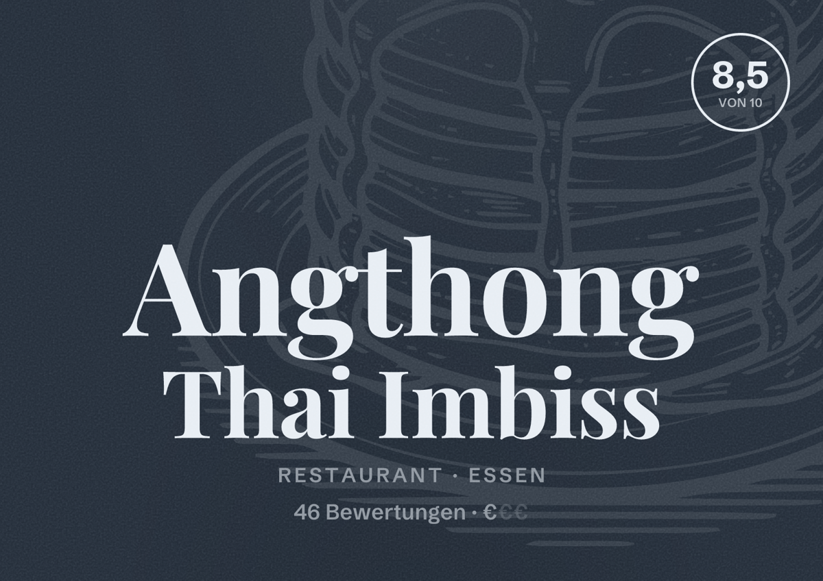 Illustriertes Poster von Angthong Thai Imbiss, Restaurant in Essen: Bewertung 8,5 von 10 aus 46 Bewertungen, Preisniveau €