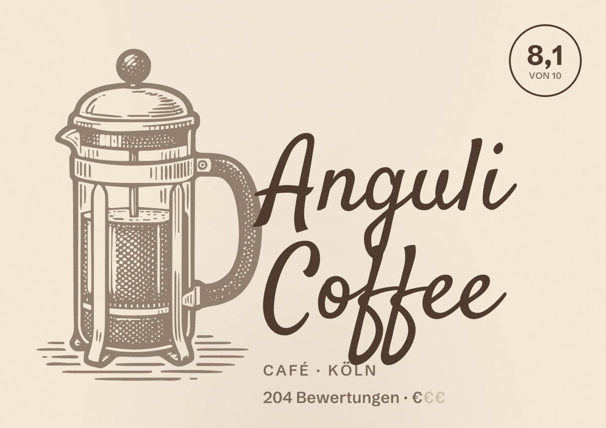 Illustriertes Poster von Anguli Coffee, Café in Köln: Bewertung 8,1 von 10 aus 204 Bewertungen, Preisniveau €