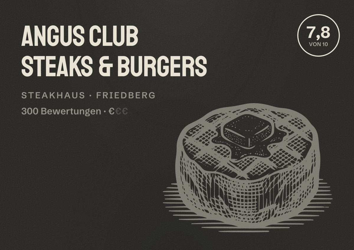 Illustriertes Poster von Angus Club Steaks & Burgers, Steakhaus in Friedberg: Bewertung 7,8 von 10 aus 300 Bewertungen, Preisniveau €