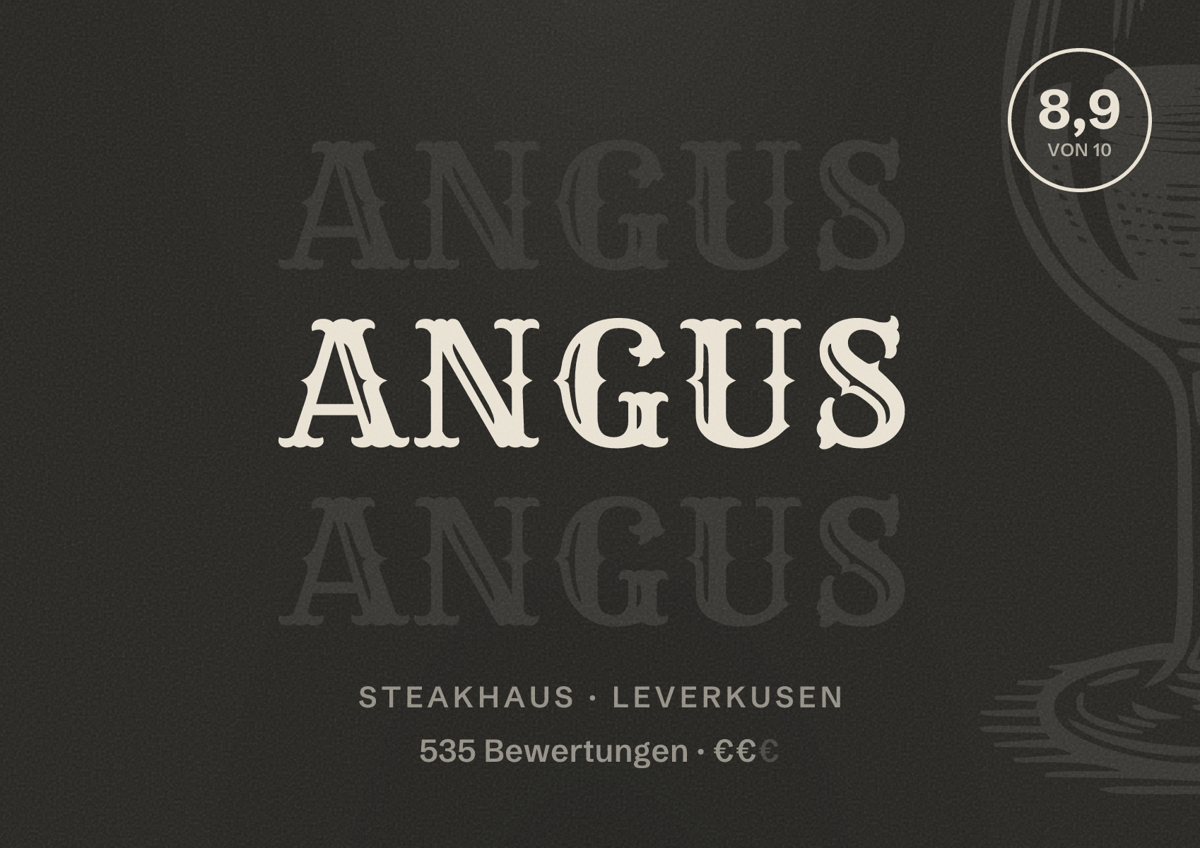 Illustriertes Poster von ANGUS, Steakhaus in Leverkusen: Bewertung 8,9 von 10 aus 535 Bewertungen, Preisniveau €€
