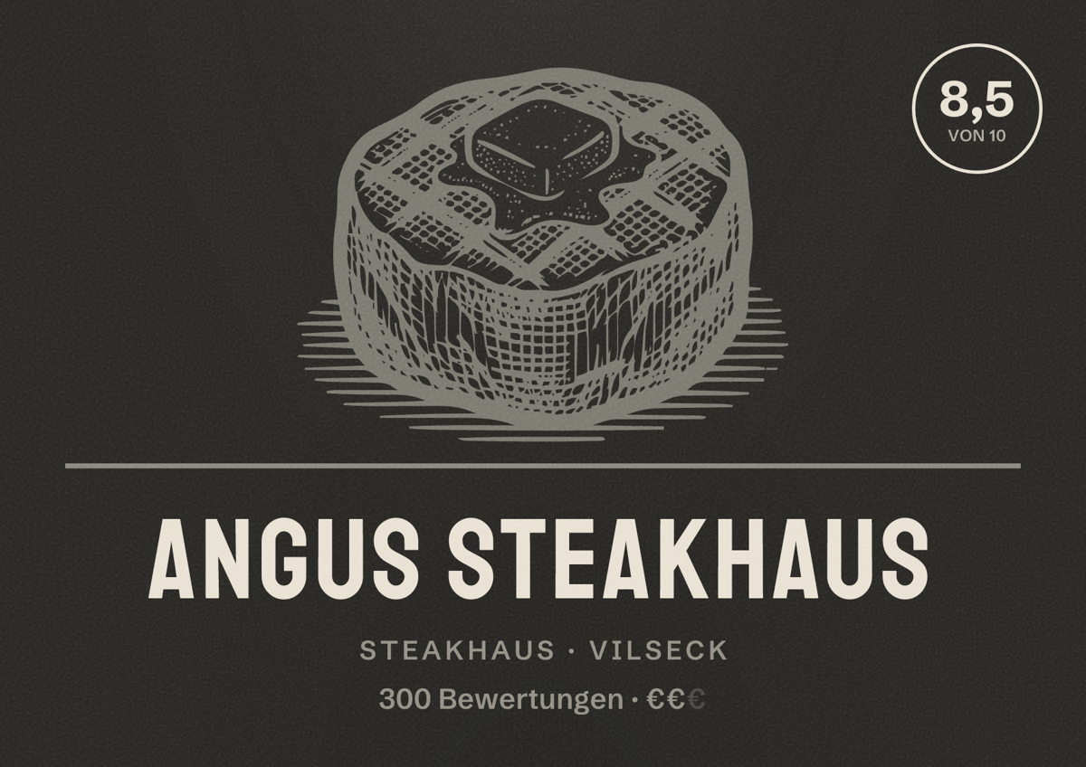 Illustriertes Poster von Angus Steakhaus, Steakhaus in Vilseck: Bewertung 8,5 von 10 aus 300 Bewertungen, Preisniveau €€