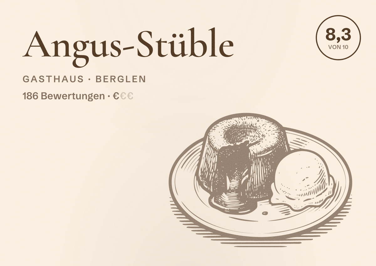 Illustriertes Poster von Angus-Stüble, Gasthaus in Berglen: Bewertung 8,3 von 10 aus 186 Bewertungen, Preisniveau €
