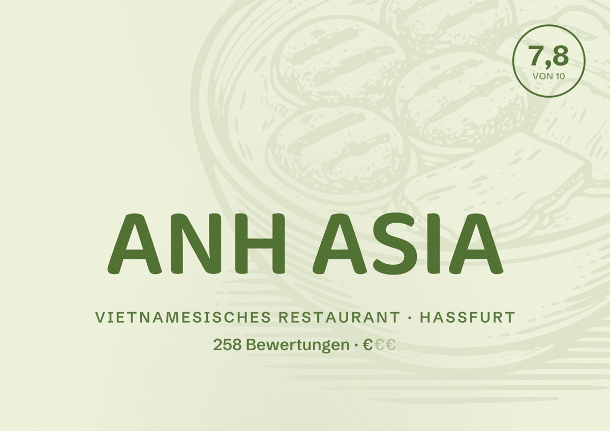 Illustriertes Poster von ANH ASIA, Vietnamesisches Restaurant in Haßfurt: Bewertung 7,8 von 10 aus 258 Bewertungen, Preisniveau €