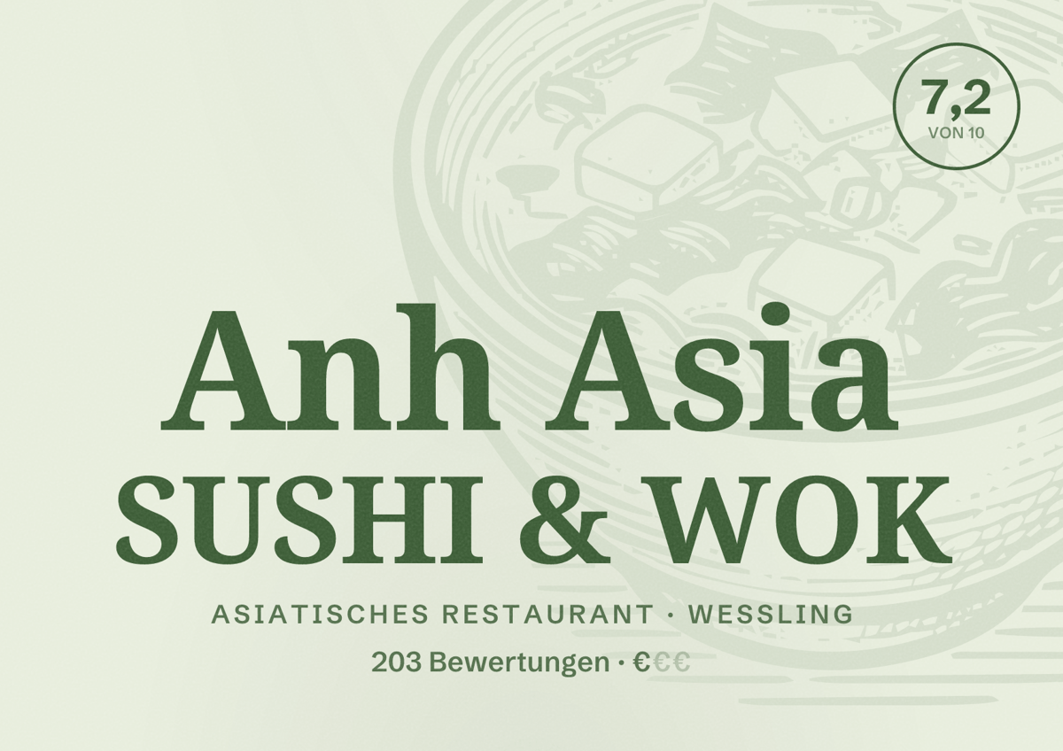 Illustriertes Poster von Anh Asia SUSHI & WOK, Asiatisches Restaurant in Weßling: Bewertung 7,2 von 10 aus 203 Bewertungen, Preisniveau €