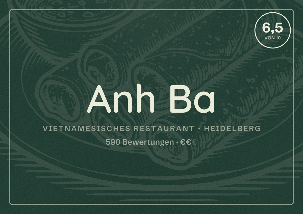 Illustriertes Poster von Anh Ba, Vietnamesisches Restaurant in Heidelberg: Bewertung 6,5 von 10 aus 590 Bewertungen, Preisniveau €€