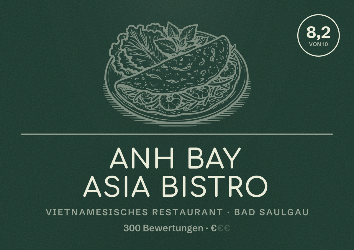 Illustriertes Poster von Anh bay Asia Bistro, Vietnamesisches Restaurant in Bad Saulgau: Bewertung 8,2 von 10 aus 300 Bewertungen, Preisniveau €