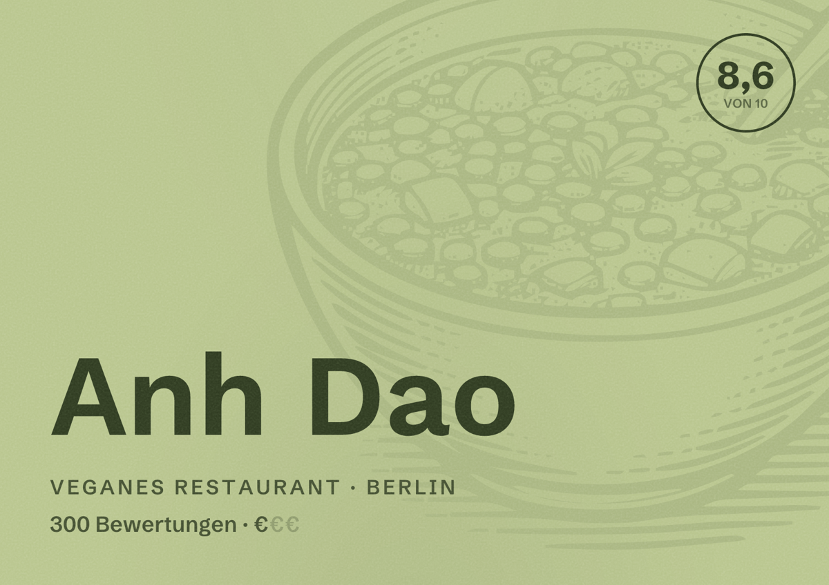 Illustriertes Poster von Anh Dao, Veganes Restaurant in Berlin: Bewertung 8,6 von 10 aus 300 Bewertungen, Preisniveau €
