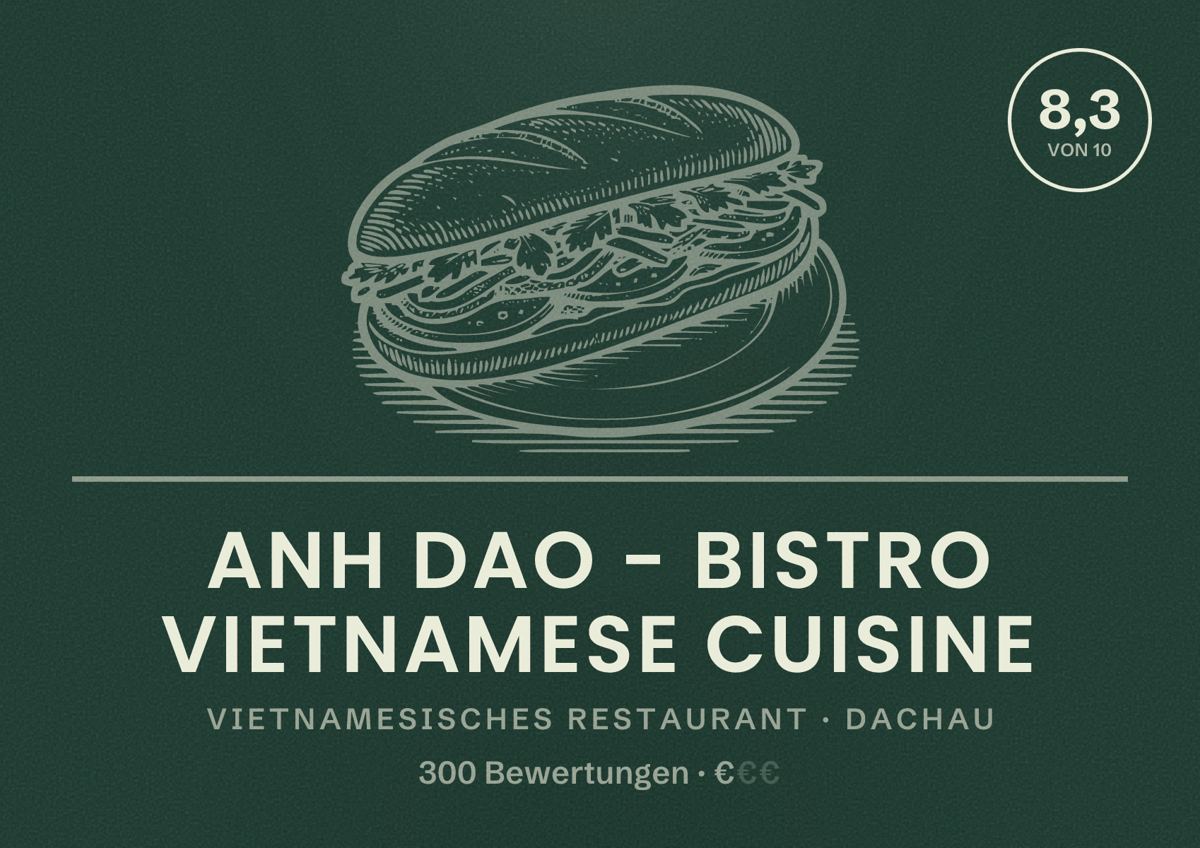 Illustriertes Poster von Anh Dao - Bistro Vietnamese Cuisine, Vietnamesisches Restaurant in Dachau: Bewertung 8,3 von 10 aus 300 Bewertungen, Preisniveau €